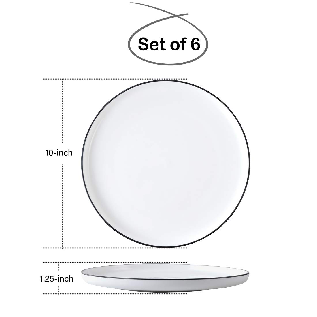 BonNoces 10 Inch Porcelain Dinner Plate, Elegant White with Black Edges Design, Classic Round Serving Plate Set for Steak, Pasta, and Salad, Set of 6