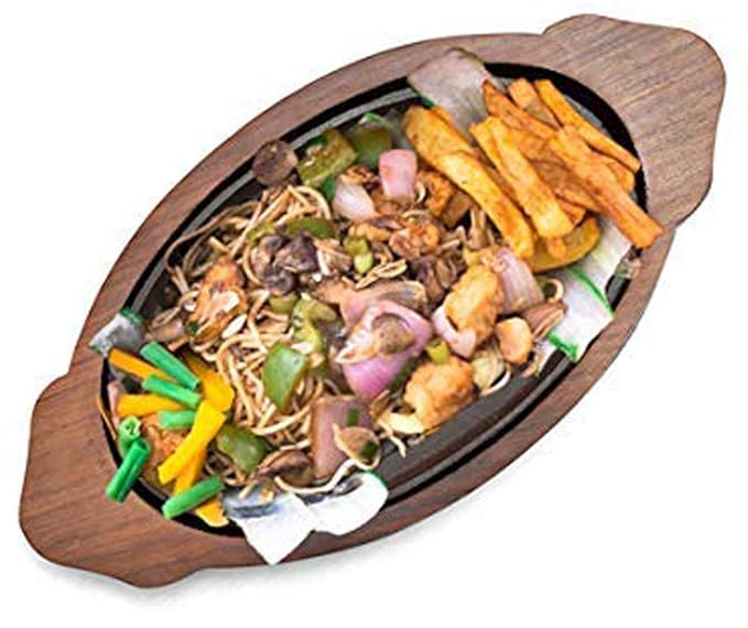 Linquard Collection Store Wooden Sizzler Plate with Oval Base/sizzler Plate with Wooden Stand