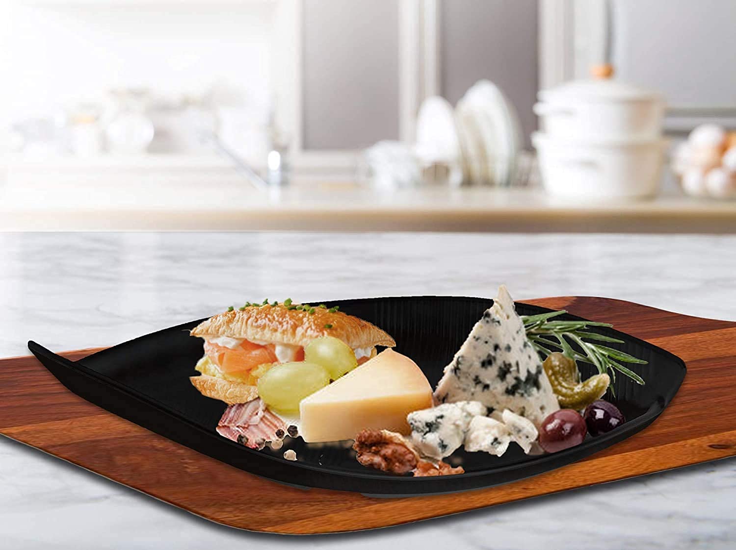 Sash Mart Boat Shape Serving Platter or Tray to Serve Snacks Salads Fruits Multi Use Microwave Safe Melamine Black