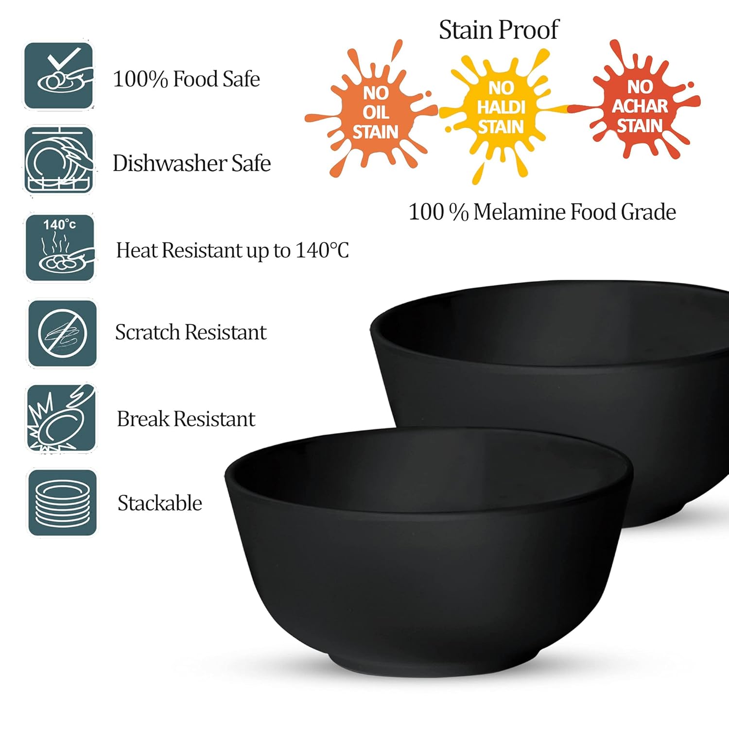 MILTON Lissome Veg Soup Melamine Bowl Set of 6, 340 ml, Black (4.5")